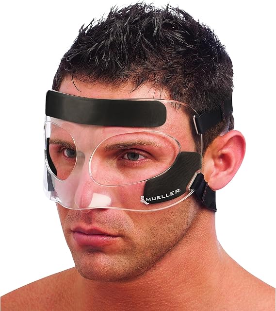 MUELLER Sports Medicine Face Mask for Men & Women, Adjustable Clear Face Guard, Nose & Cheek Protection for Basketball & Cosmetic Procedures, Shatterproof with Foam Padding, One Size Fits Most