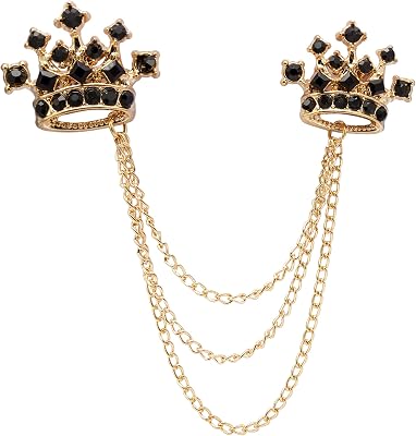 AN KINGPiiN Mens Stone Detailing with Golden Crown Crystal Chain Brooch Black