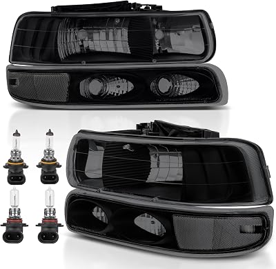 Headlight Assembly Front Lamp Compatible with 1999-2002 Chevrolet Silverado 1500 2500 2000-2006 Suburban 1500 2500 Tahoe Black HousingSmoked lensTransparent Corner wBulb