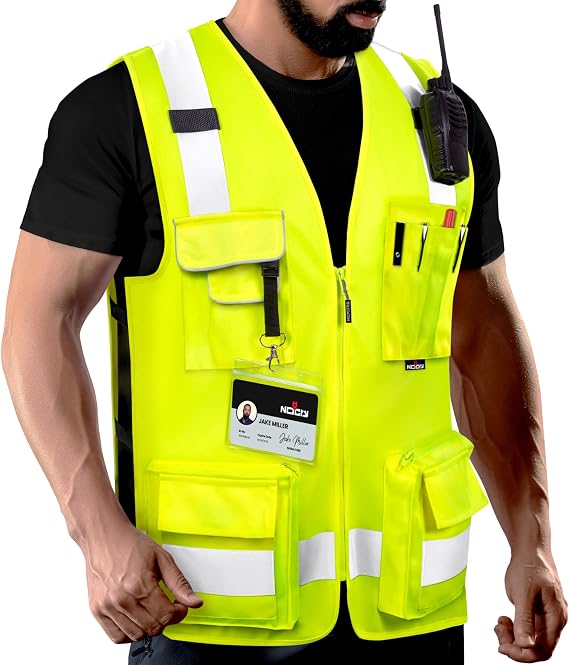 NoCry Premium Reflective Safety Vest for Men with Heavy-Duty Stitching & Phone Pocket ANSI Class 2 High-Visibility Neon Workwear with Multiple Pockets Ideal for Construction Workers & Surveyors