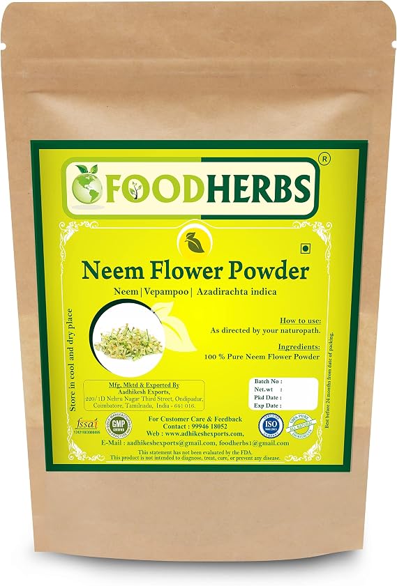 Foodherbs Neem Flower Powder | 200 GMS / 0.44 Lbs | Veppam Poo | Gut Support | Skin Care
