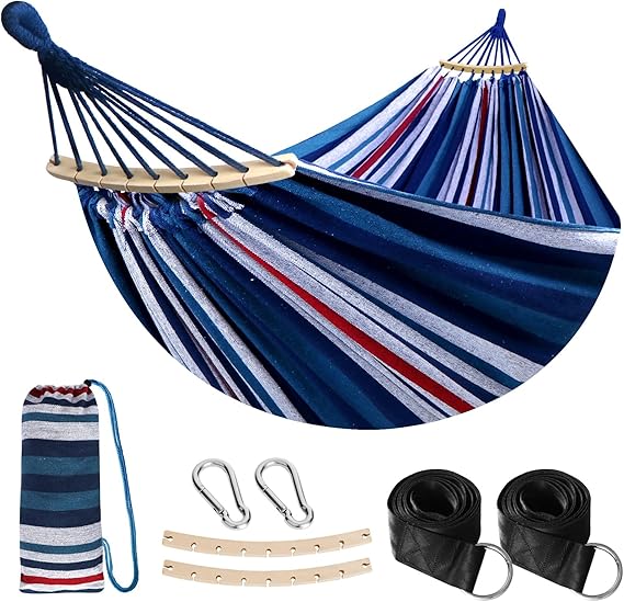 ANYOO Portable Camping Hammock Cotton Hammocks with Spreader Bar Outdoor | Sturdy Hammocks Up to 450lbs with Carry Bag