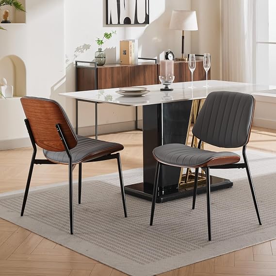 Mid-Century Modern Dining Chairs Set of 2, Retro Leather Upholstered Chairs with Walnut Bentwood Back, Metal Legs and Adjustable Feet for Kitchen & Dining Room (Grey)