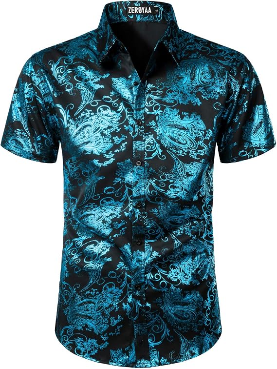 ZEROYAA Men's Luxury Paisley Shiny Printed Slim Fit Short Sleeve Button Up Dress Shirt