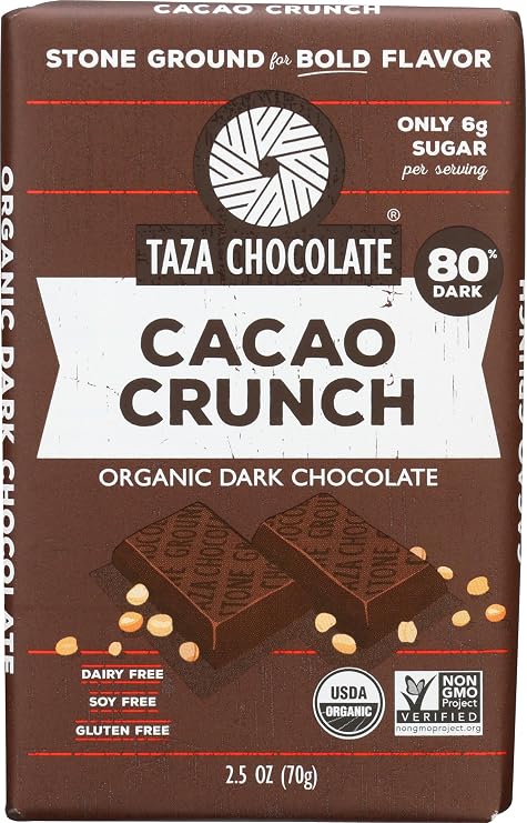 Taza Chocolate Organic Amaze Bar 80% Stone Ground, Cacao Crunch, 2.5 Ounce (1 Count), Vegan
