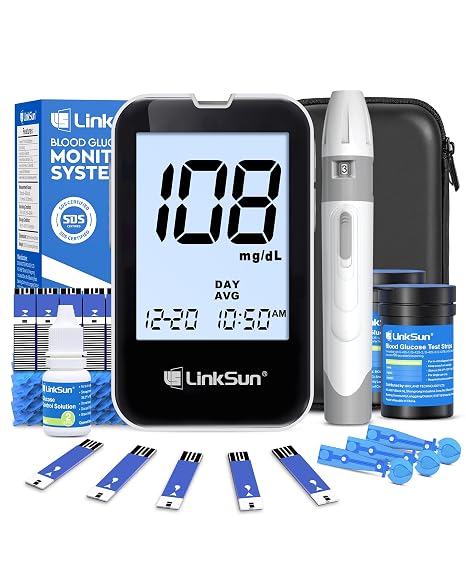 LinkSun Blood Sugar Testing Kit, 100 Strips & Lancets for Seniors, G-425-2V