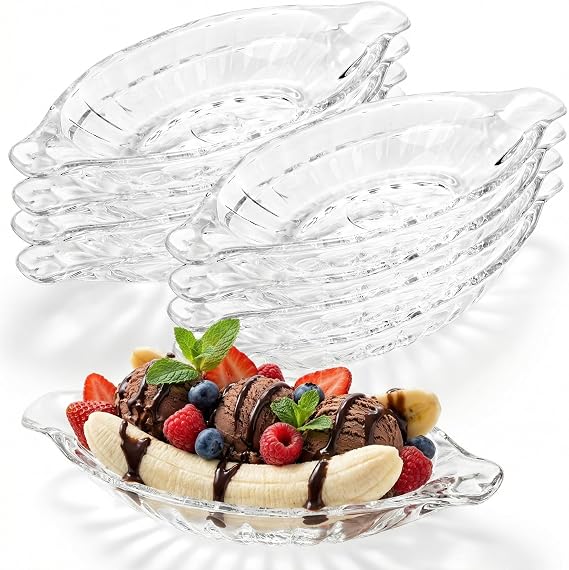 Goaste 8 Pack Banana Split Bowls Set, 8 oz Glass Ice Cream Dishes, Clear Banana Split Boats, Transparent Serving Plates for Fruits, Yogurt, Ice Cream, Brownies, Snack, Salad, Grapes