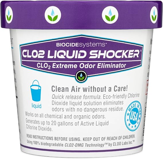 Biocide Systems Liquid Shocker Strong Odor Eliminator, Eco-Friendly Chlorine Dioxide Liquid Solution for Cleaning & Deodorizing Countertops, Floors and Walls, Makes Up to 20 gal. Pet & People Safe
