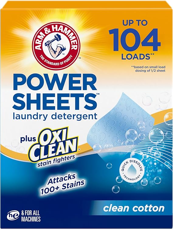 ARM & HAMMER Plus OxiClean Power Sheets Laundry Detergent, 52 Count | Attacks 100+ Stains, Effective Cleaning Power Sheet, 104 Medium Loads, Clean Cotton Scent