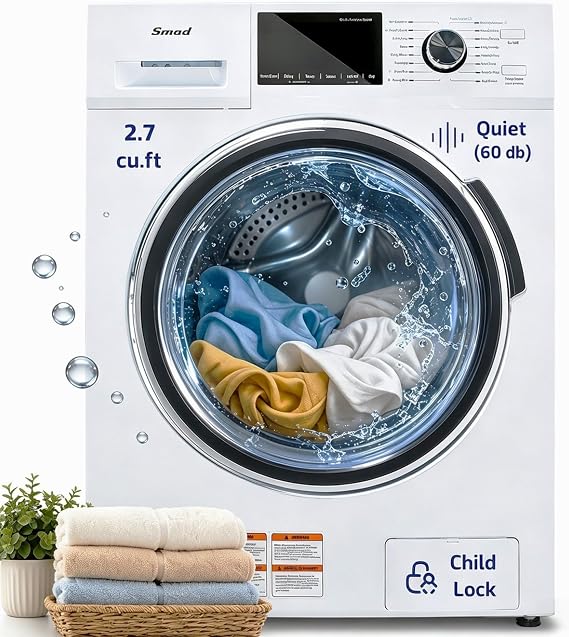 Smad All in One Washer and Dryer Combo, 2.7 cu.ft Front Load Ventless Washer Dryer in One 26 lbs,16 Cycles, 24 for Apartment, Dorm Use, White