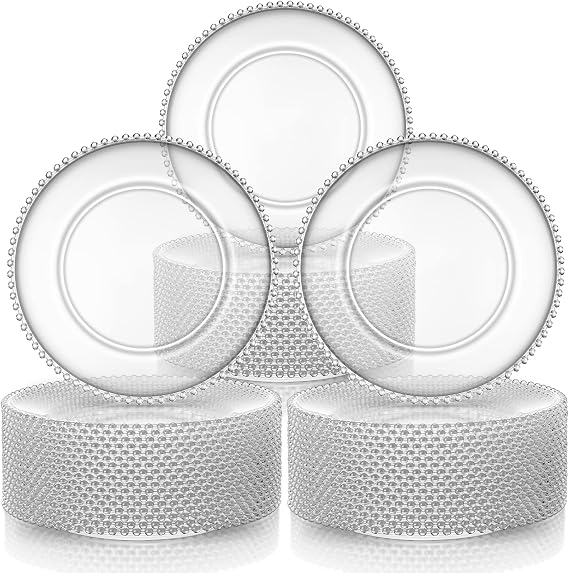 Hoolerry 50 Pcs Clear Charger Plates Bulk 13 Inch Plastic Round Dinner Plate with Beaded Rim Acrylic Round Plates Decorative Charger Service for Home Birthday Wedding Party Events Table Decor