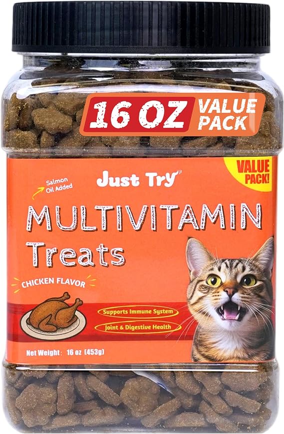 Just Try Daily Vitamins Cat Treats, Multivitamin Boost | Training biscuits Supports overall wellness and energy with multivitamins for daily health support.16 oz