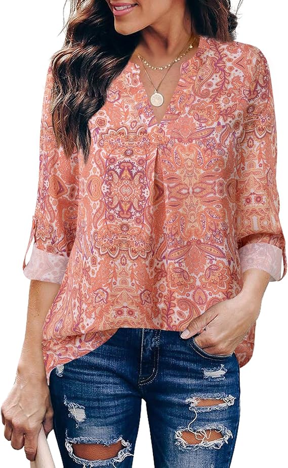 Gaharu Women's Blouses 3/4 Sleeve Work Shirt Chiffon Tunic Top Office Wear