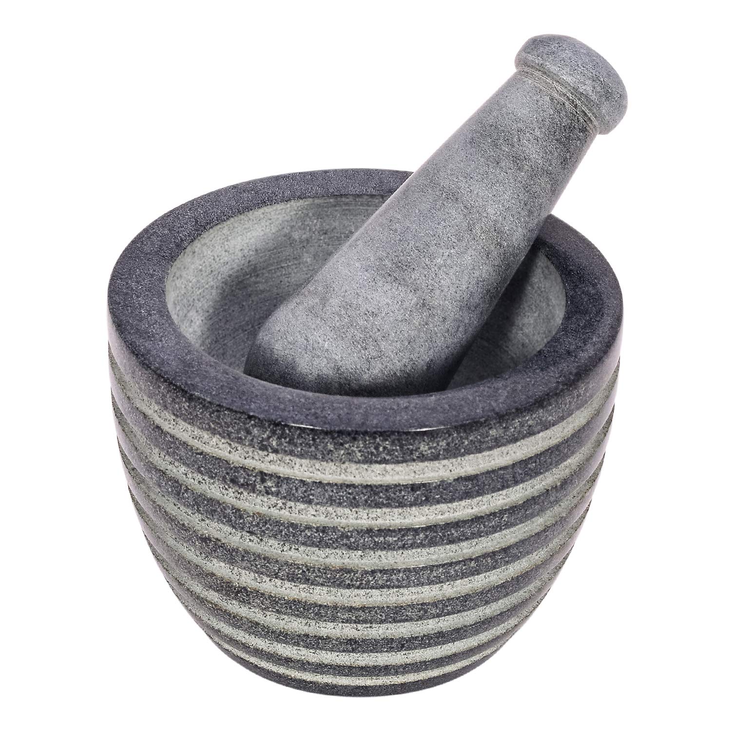 Mortar and Pestle, Made of Heavy Duty Polished Hard Stone, Natural Stone Grinder For Spices, Pastes, Herbs, Seasoning etc. (Black with Rings)
