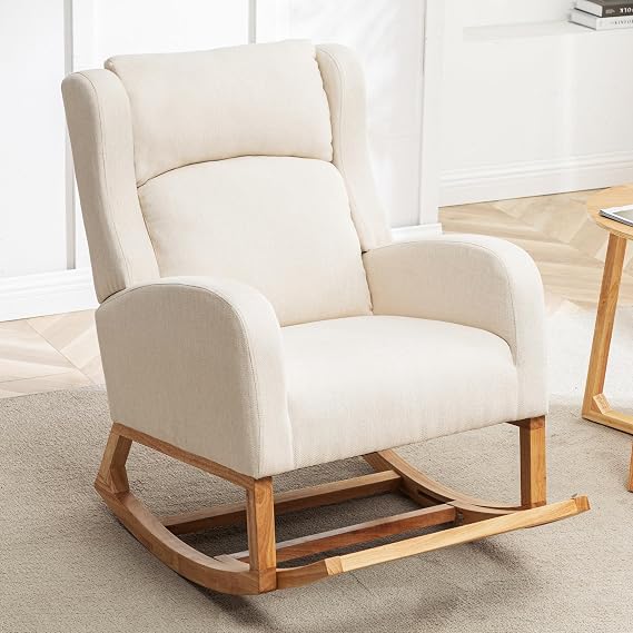 Rocking Chair Nursery - Glider Rocker Nursing Armchair Accent Linen Chairs with Foot Rest for Indoor Living Room Bedroom Beige