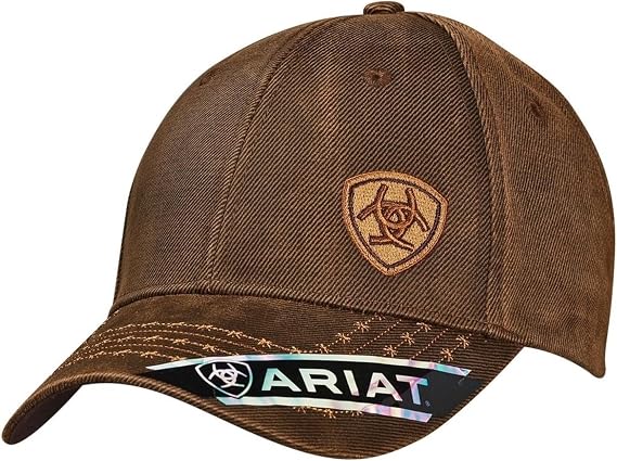 ARIAT Men's Oilskin Corner Logo Baseball Cap, Brown, One Size | Woven cotton twill, adjustable Velcro back, medium-high structured profile, barbed-wire stitching on the bill, baseball cap