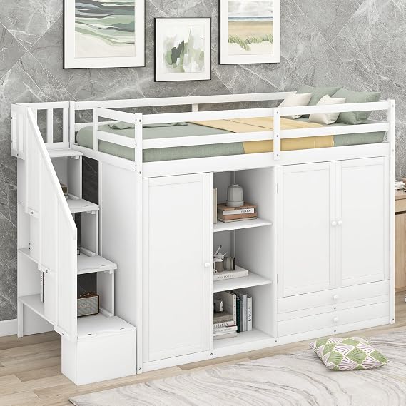 Bellemave Loft Bed with Storage Stairs and 2 Wardrobe Twin Loft Beds with Bookcase and Drawers Wood Loft Bed Frame with Storage Shelves for Kids, Teen, Boys, Girls, Multifunction Design, White