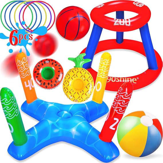 3 Sets Pool Toys Games for Adults - Floating Basketball Hoop&Inflatable Ring Toss&Beach Ball for Swimming Water Fun Floats Accessories