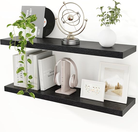 Feihorrm 90cm Floating Shelves for Wall, 23.5cm Deep Black Shelves Set 2