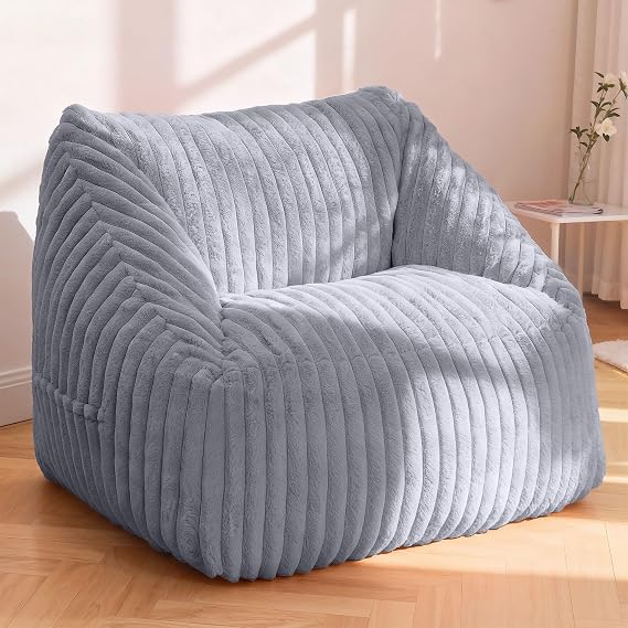 Bean Bag Chair, Giant Bean Bag Chairs for Adults and Kids, Bean Bag Sofa, Lazy Floor Sofa, Faux Fur Beanbag Chair with Armrests for Living Room Bedroom (Grey)