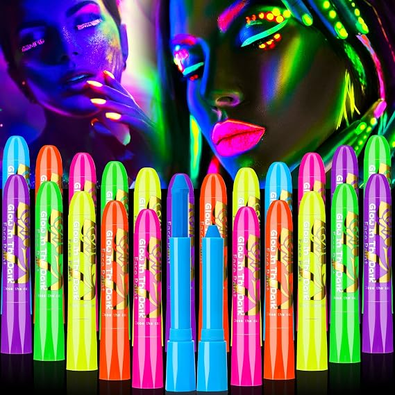 Handepo 24 Pcs Neon Face Body Paint Glow in The Black Light, Rainbow | Glow Makeup for Adults Halloween Mardi Gras, Fluorescent Skin Safe Easy Apply, Vibrant Under Blacklight Party