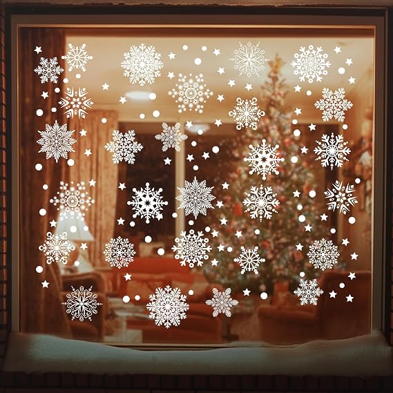 AHEONLAR 142PCS Christmas Window Static Cling Sticker, Snowflake Stickers Christmas Decorations, Waterproof Double-Sided Printed Xmas Window Clings Decals, Winter Stickers for Windows/Mirror/Fridge