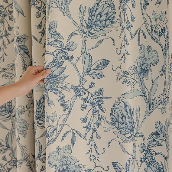 VisionaryHomeDesign Blue Floral Linen Curtains, Pinch Pleat,Elegant Botanical Print for Bedroom/Living Room 2Panels (Ella.Blue, 50" W x 96" L)