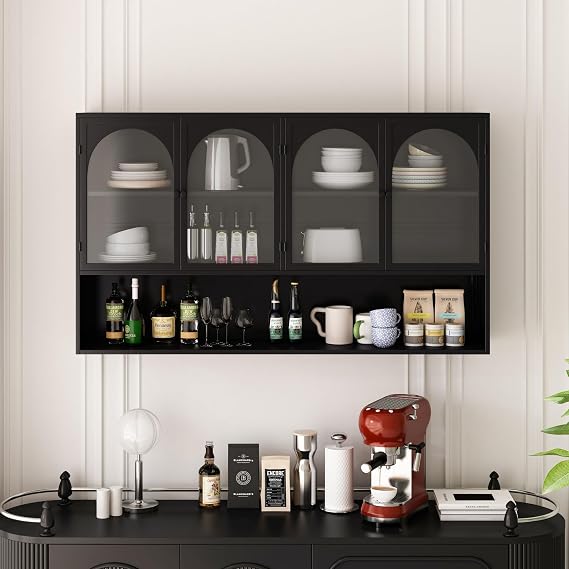 Large Wall Storage Cabinet with Arched Glass Doors and Shelf for Kitchen, Living Room, Bathroom (Black)