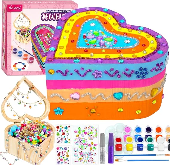 Paint Your Own Wooden Jewelry Box, Heart Treasure Box Art Kit for Girls 4-6