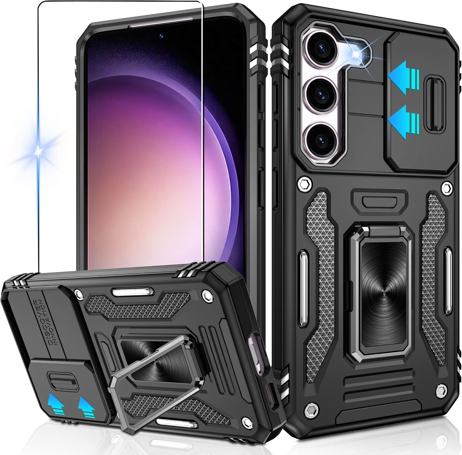 Jshru for Samsung S23 Case with Slide Camera Protection Cover,Ring Kickstand,Military Grade Shockproof,Anti-Scratch Armour Phone Cover for Samsung Galaxy S23,Black