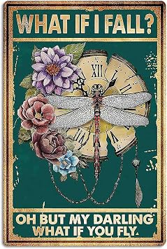 Fmcmly Vintage Tin Signs What If I Fall Dragonfly Decoration Hippie Boho Art Poster Fall Sign Home Kitchen Office Bedroom Cafes Wall Decor 8x12 Inch