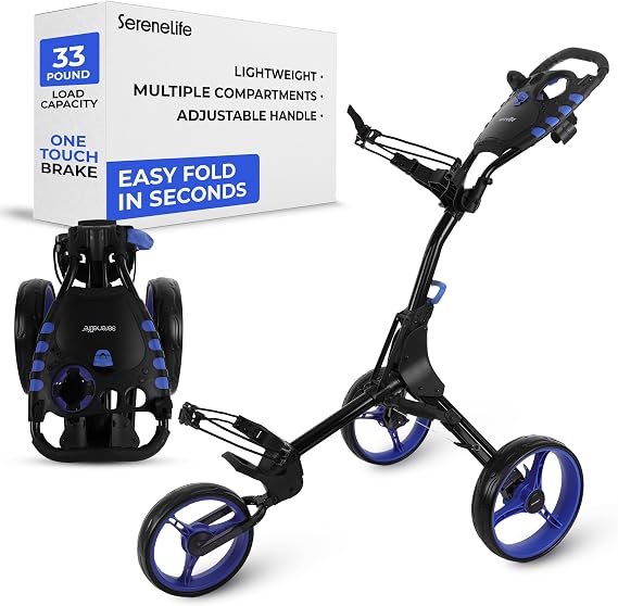 SereneLife 3-Wheel Golf Push Cart Foldable, Adjustable Handle, Brake