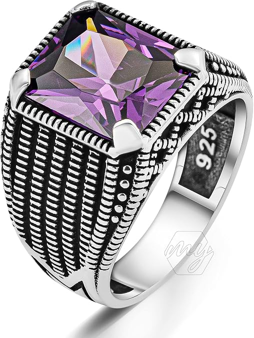 925 Sterling Silver Amethyst Stone Men's Ring