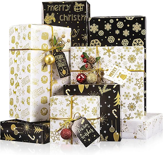 Rancco Christmas Wrapping Paper w/ 4 Pcs Gift Tag Stickers, 6 Metallic Glossy Gift Wrapping Paper w/Snowflake, Candy Cane, Christmas Trees, Happy New Year Pattern for Xmas Gift Wrap, 27.6x19.7/sheet