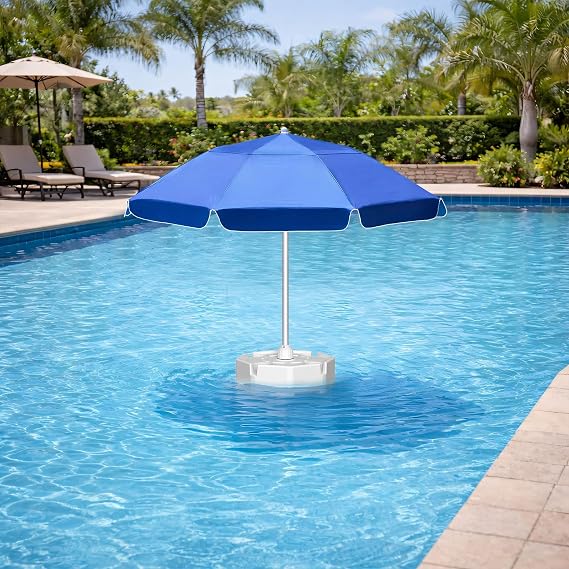 Floating Pool Umbrella - 7ft, Outdoor Floating Umbrella for Inside of Pool with Weighted Base, 4 Cupholders Floating Table with Sun Shade, No-Tools Setup for Pool, Lake & Beach