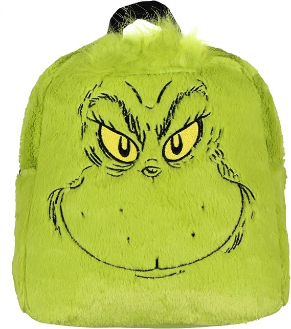 MJC Dr. Seuss The Grinch Embroidered Smiling Face w/ 3D Hair Tuft Fuzzy Soft Mini Backpack Purse with Adjustable Straps 11"