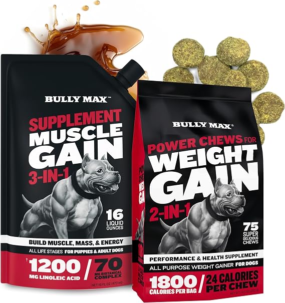 Bully Max Premium Performance Bundle 3-in-1 Liquid Muscle Builder & Weight Gainer Soft Chews for Healthy Muscle Growth, Weight Gain, Energy and Vitality for Puppies, Adults and Senior Dogs