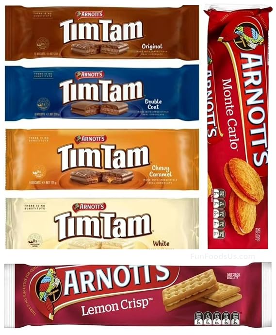 Combo Packs - Tim Tam Chocolate Biscuits Assortment Packs - 1 Original, 1 Double Coat, 1 Chewy Caramel, 1 White, Monte Carlo Jam Biscuits & Lemon Crisp Biscuits, Great Family Treats (Value 6 Pack)