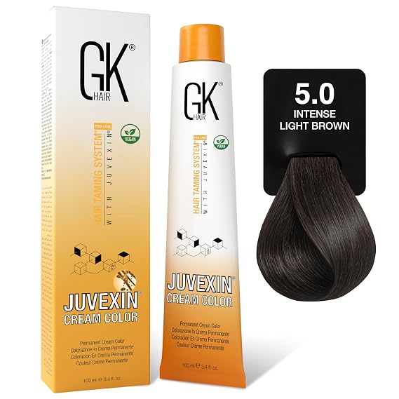 GK HAIR Color Cream 5.0 Intense Natural Light Brown 100% Grey Coverage | Semi, Demi-Permanent Results|810 Vol Semi| 20-30-40 Vol Permanent Salon Quality Hair Dye For Women & Men 3.4 Oz