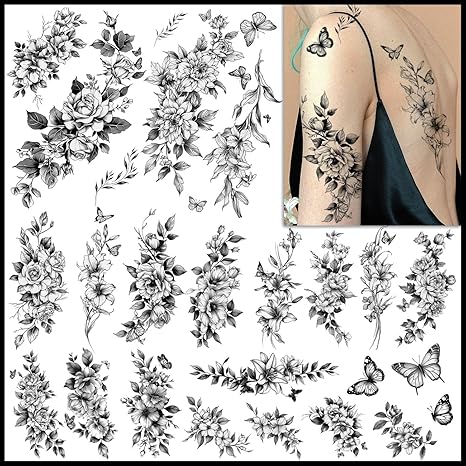 CHARLENT 9 Sheets Realistic Flowers Temporary Tattoos Women Large roses and flower tattoos as a feminine body art for women ideal for arms chest legs and shoulders