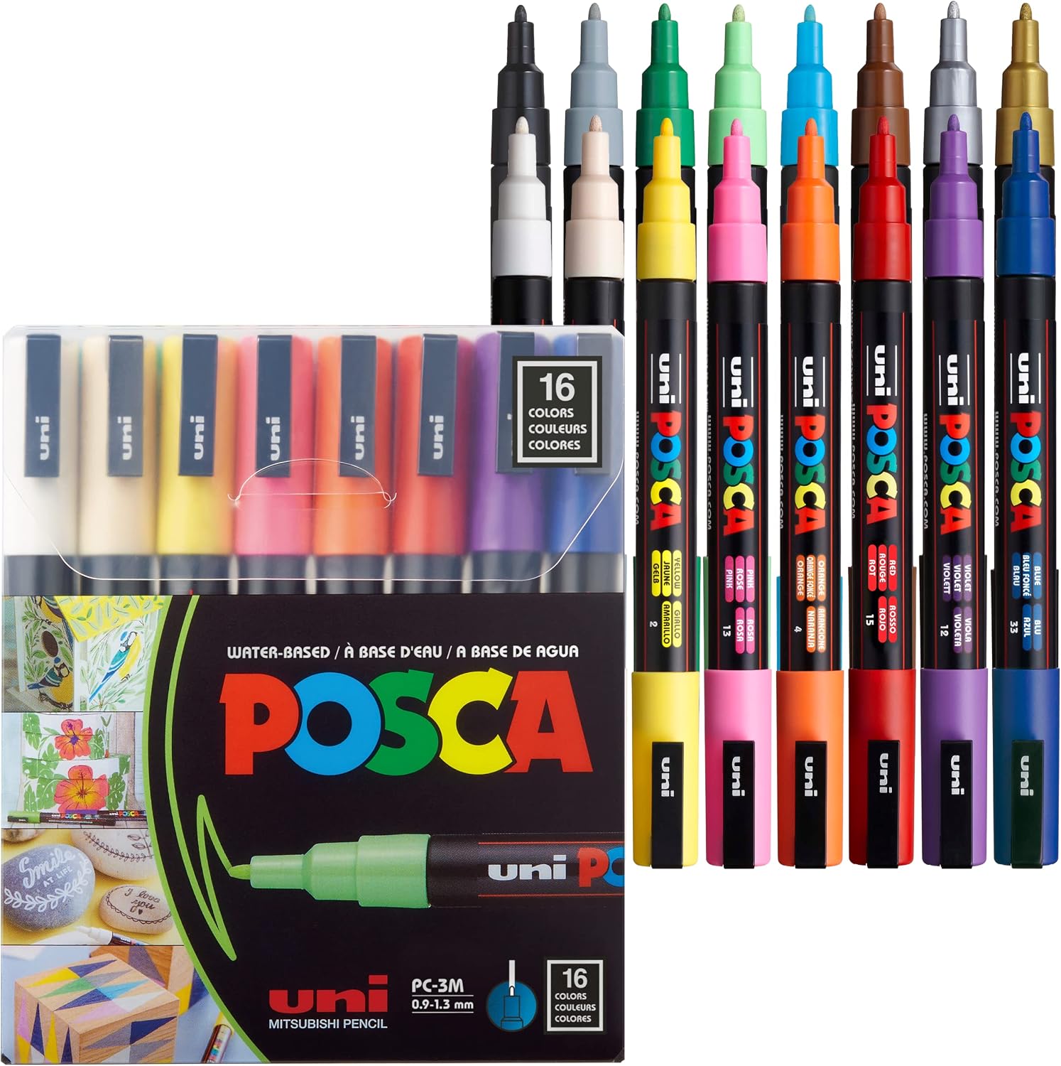 Posca uni-ball 186516 - Marker pen, thin round tip, set of 16, basic colors