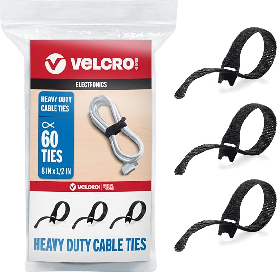 VELCRO Brand Heavy Duty ONE-WRAP Cable Ties, 8in x 1/2in, Black, 60 Pack | Heavy Duty Wire Management For Cord Bundling In Home Offices, Workstations And Data Centers; Reusable Pre Cut Straps