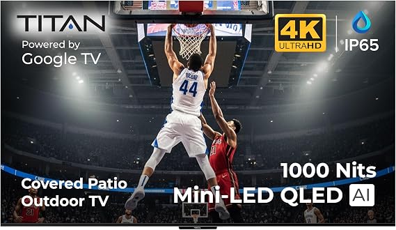 Titan G100 Mini 65 Inch Covered Patio Outdoor TV 4K UHD QLED IP65 - Google OS, Dolby Vision & Atmos, Onkyo Speakers - Thin Bezel - Weather Resistant - & USA Assembled