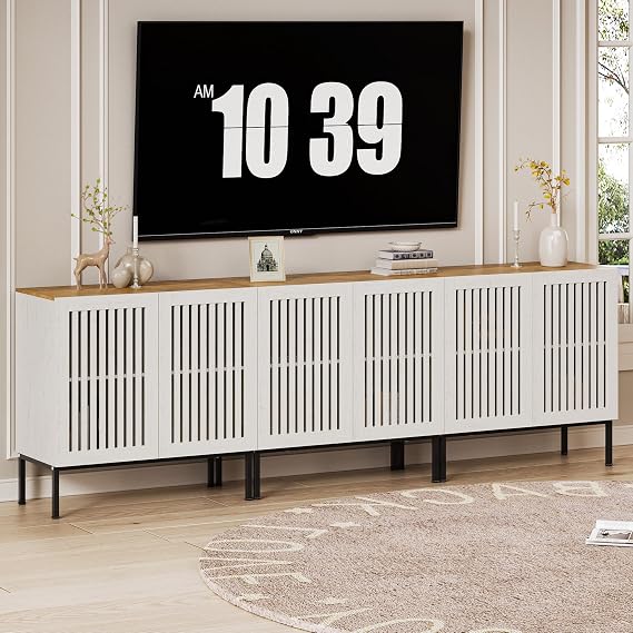 BVIUNTWO Farmhouse TV Stand for TVs up to 95 inch, 3 in 1 Entertainment Center TV Console with Storage Cabinets and Metal Base,Media Console for Living Room, Antique White