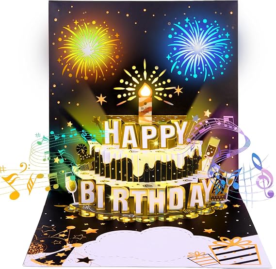 Musical Birthday Cards, Pop Up Birthday Cards for Men, Birthday Cards with LED Light & Music Blow The Candle, Singing Happy Birthday gifts Card for Husband - Women, Kids, Son, Her, Dad