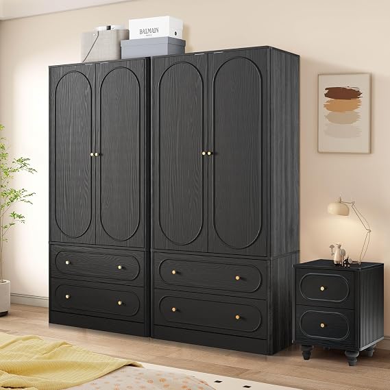 Fluted Freestanding Armoire Wardrobe Closet with 2 Doors and 2 Storage Drawers, Large Capacity Wardrobe Cabinet Set of 2, Wooden Closet for Bedroom, Living Room - Black