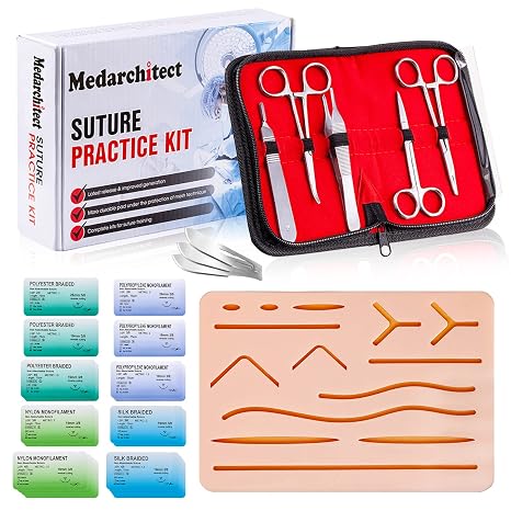 Medarchitect Suture Practice Complete Kit (30 Pieces) for Medical Student Suture Training, Include Upgrade Suture Pad with Pre-Cut Wounds, Suture Tools, Suture Thread & Needle