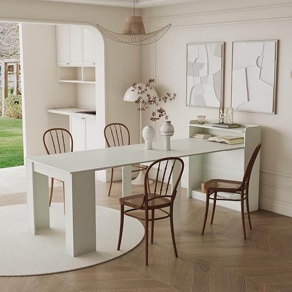 Extendable Dining Room Table, 20"-98" Large Extendable Console Dining Table for 6 8 10 12 People,Modern White Rectangular Expandable Kitchen Table with Wood Legs, Space Saving