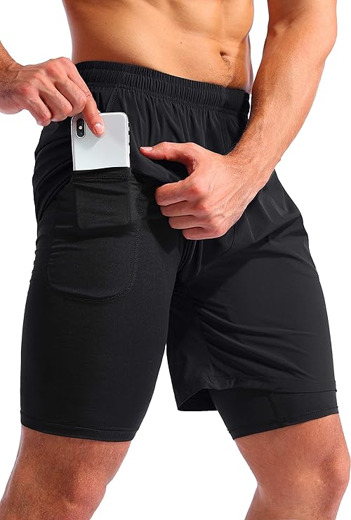 Pudolla Mens 2 in 1 Running Shorts 5" Quick Dry Gym Athletic Workout Shorts for Men with Phone Pockets