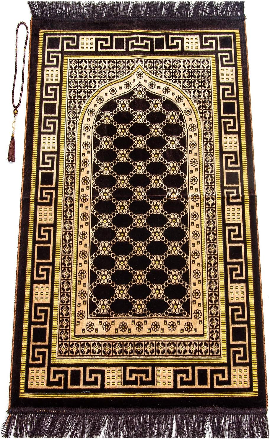 ihvan online Luxury Velvet Muslim Prayer Rug with Prayer Beads, Janamaz, Thick Soft Sajadah, Islamic Gift, Portable Prayer Carpet Mat, Velvet Fabric, Dark Brown